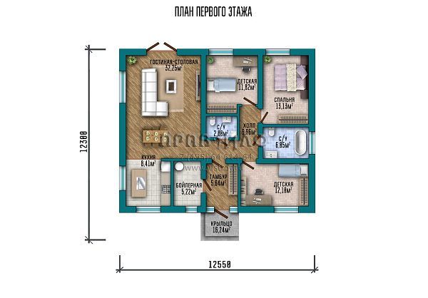 Проект квадратного одноэтажного дома в стиле Райт с большими свесами кровли S2-106 (283-106-1)