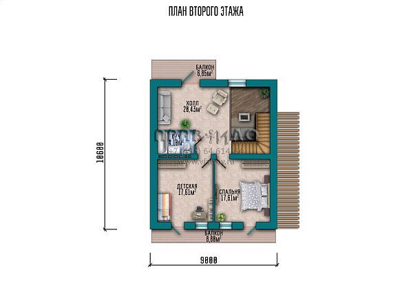 Проект компактного дома с мансардой, большой террасой, вторым светом и балконами  S2-168 (051-168-1М)