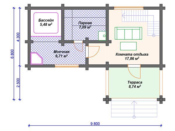 Проект деревянной бани с бассейном SB4-73 (Б-044)