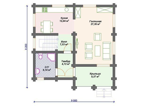 Проект деревянного дома из бревна 9 на 9 м с 3 спальнями S4-127 (ДО-143)