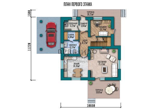 Одноэтажный дом с мансардой, балконом, навесом для гаража и облицовкой декоративным кирпичом S2-176 (026-176-1МГ)