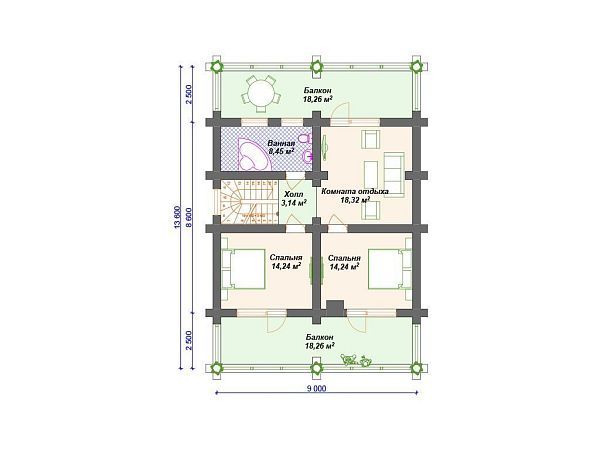Проект деревянного дома из бревна 9 на 11 м с 3 спальнями и сауной S4-254 (ДО-133)