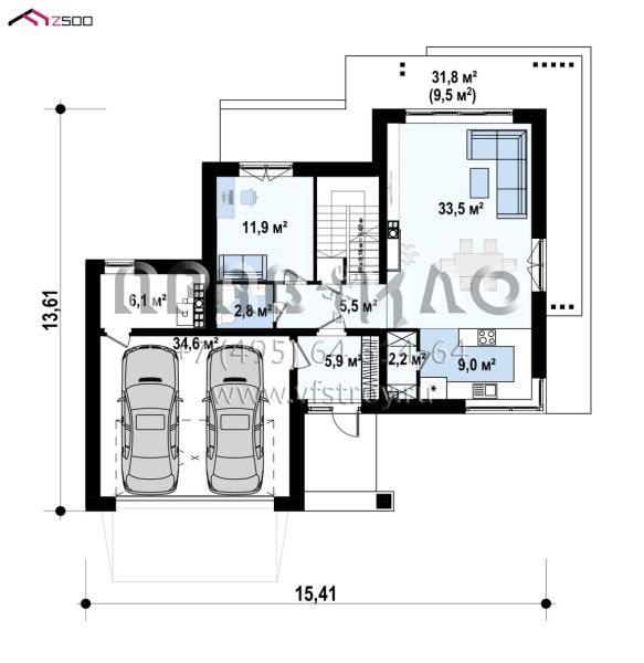 Проект пятикомнатного двухэтажного дома с большим гаражом и с подвалом S3-306 (z426 v1 p)