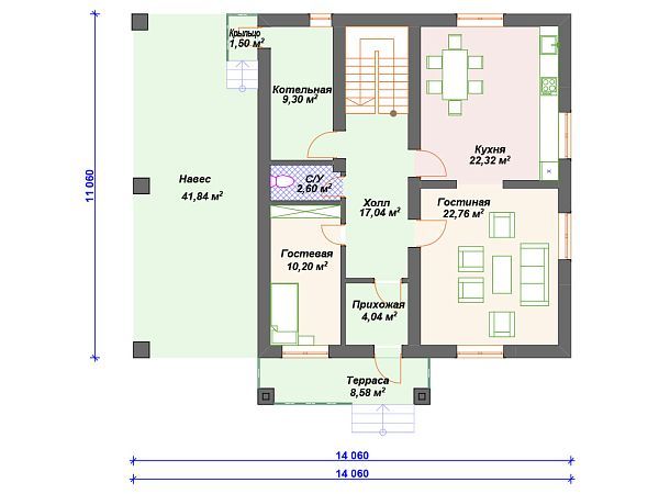 Проект каменного дома с навесом для авто S4-228 (К-122)