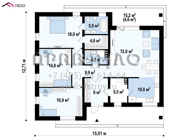 Проект современного одноэтажного дома с тремя спальнями и террасой S3-139-12 (z459 v1)