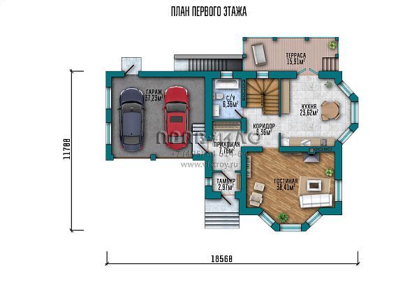 Проект коттеджа с мансардным этажом, балконом, подвалом и гаражом на 2 автомобиля S2-273 (044-273-1МГП)