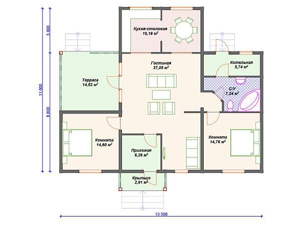 Проект одноэтажного дома с террасой S4-118 (ДС-049)