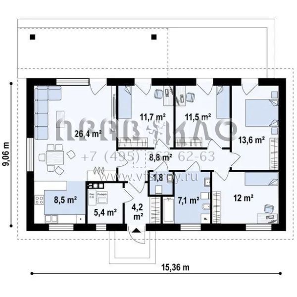 Проект пятикомнатного одноэтажного дома с удобной планировкой S3-111 (Z376)