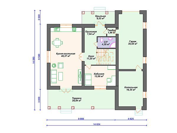Проект дома с 3 спальнями и гаражом S4-240 (К-338)