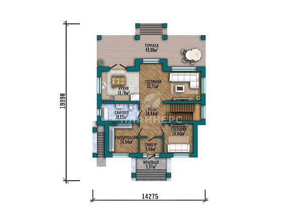 Проект двухэтажного дома с подвалом, большой террасой и красивым фасадом в стиле Райта S2-368 (428-368-2П)