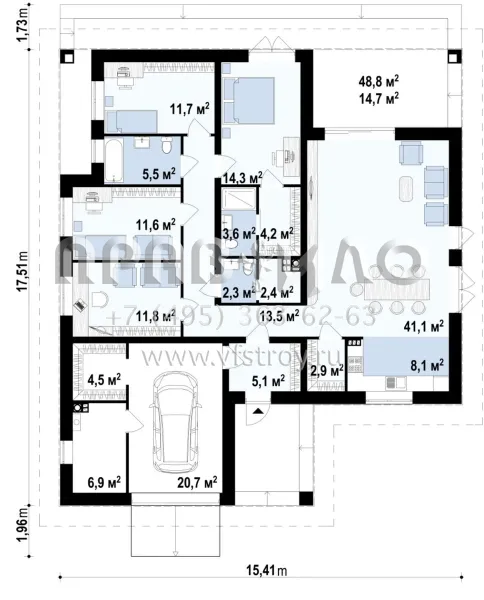 Проект одноэтажного дома с гостиной, четырьмя спальнями и с гаражом S3-185-4 (Z379)