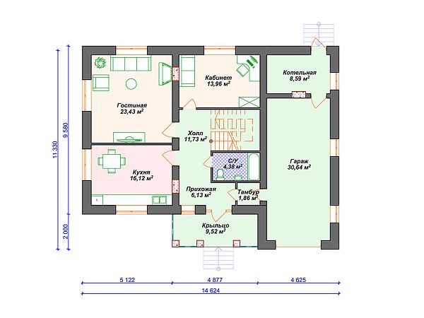 Проект дома с 4 спальнями и гаражом. S4-199 (К-360)