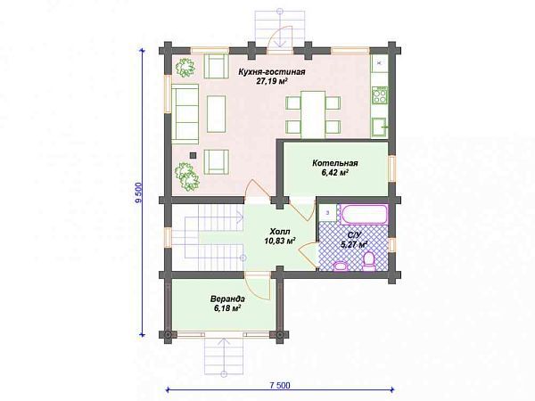 Проект деревянного дома из бревна 7 на 9 м S4-100 (ДО-045)