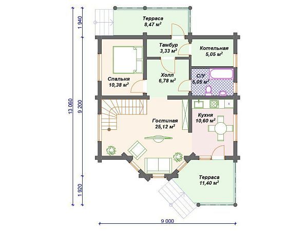 Проект деревянного дома из бревна 12 на 12 м с 3 спальнями S4-116 (ДО-122)