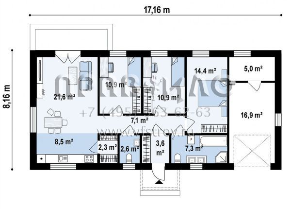 Проект одноэтажного, вытянутого по длине четырехкомнатного дома с встроенным гаражом S3-109-7 (Z488)