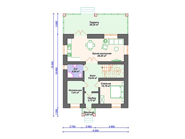 Проект дома с 4 спальнями и террасой. S4-171 (К-358)