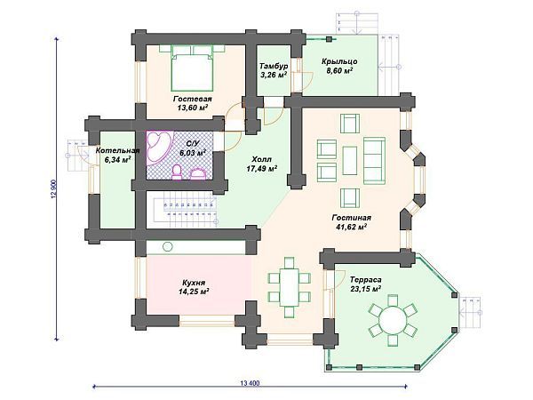 Проект деревянного дома из бревна 13 на 13 м с 3 спальнями S4-192 (ДО-104)