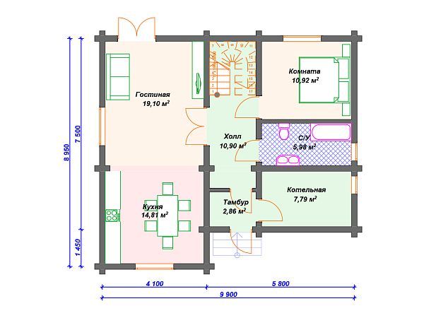 Проект деревянного дома из бревна 9 на 10 м с 3 спальнями S4-135 (ДО-018)