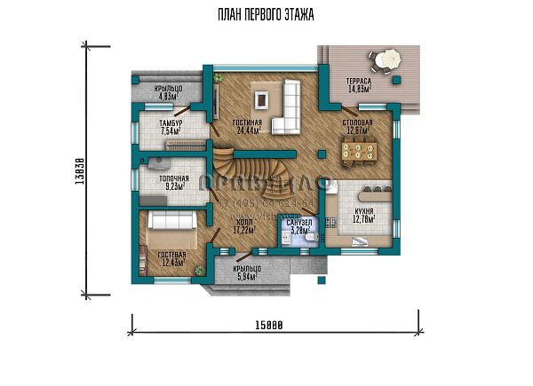 Проект двухэтажного дома с отделкой декоративной штукатуркой и большим витражным окном S2-264 (126-264-1М)