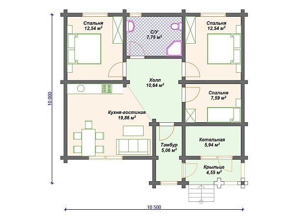 Проект деревянного дома из бревна 10 на 10 м с 3 спальнями S4-86 (ДО-145)