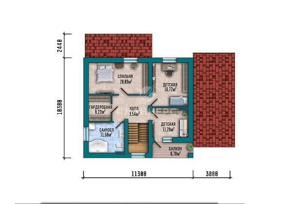 Проект с мансардой, террасой и навесом для автомобиля S2-166 (452-166-1МГ)