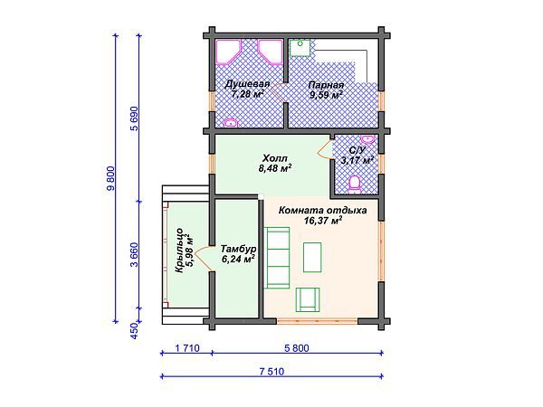 Проект деревянной бани SB4-57 (Б-082)