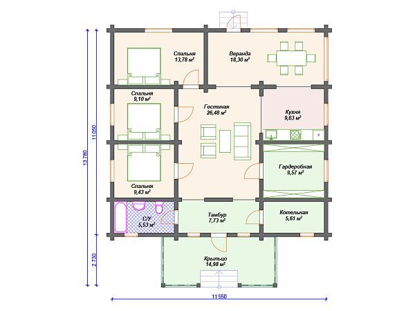 Проект одноэтажного деревянного дома с 3 спальнями S4-130 (ДС-090)