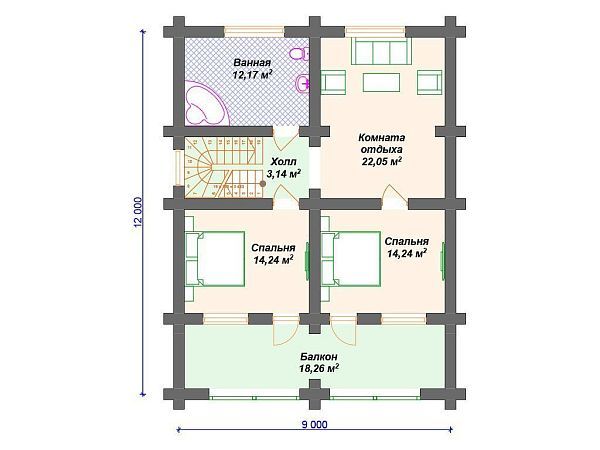 Проект деревянного дома из бревна 9 на 12 в стиле Шале с террасой, балконом и сауной S4-173 (ДО-135)
