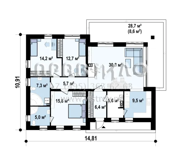 Проект одноэтажного дома с большой гостиной и тремя спальными комнатами S3-113-2 (Z415)