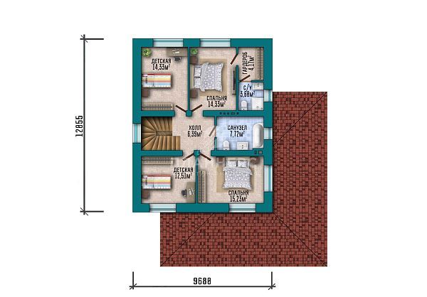 Проект двухэтажного дома с пристроенным гаражом, совмещенной кухней-гостиной и пятью спальнями S2-222 (396-222-2Г)