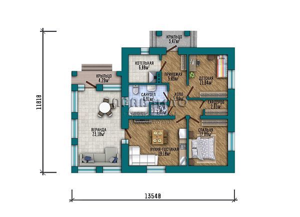 Проект одноэтажного дома с большим чердаком и просторной крытой верандой S2-103 (338-103-1)