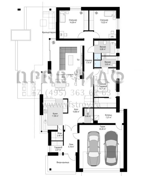 Проект современного одноэтажного вытянутого в длину дома с гаражом на два автомобиля S8-223-1 (Узкий)