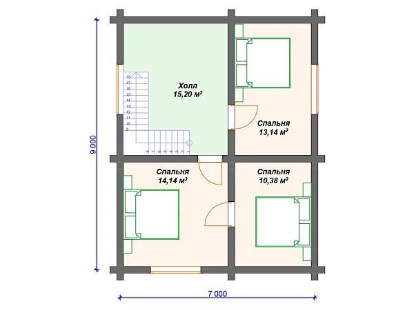 Проект деревянного дома из бревна 7 на 9 м с 3 спальнями S4-108 (ДО-060)