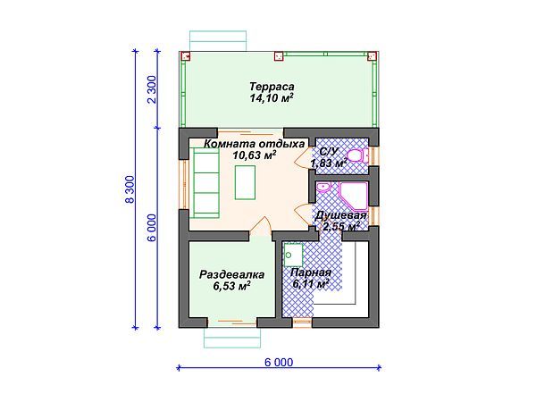 Проект бани из газобетона с террасой SB4-42 (Б-073)