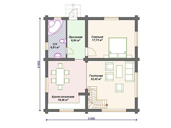 Проект деревянного дома из бревна 9 на 9 м с 3 спальнями S4-125 (ДО-065)