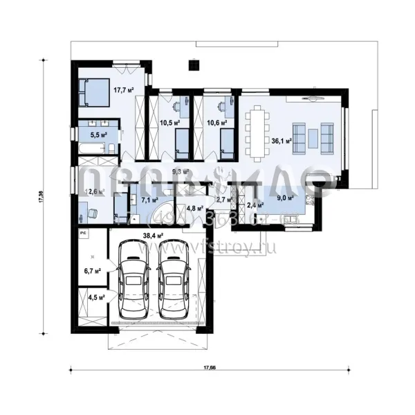 Проект одноэтажного дома с гаражом на 2 машины и 4 спальнями S3-178 (Z402 35)