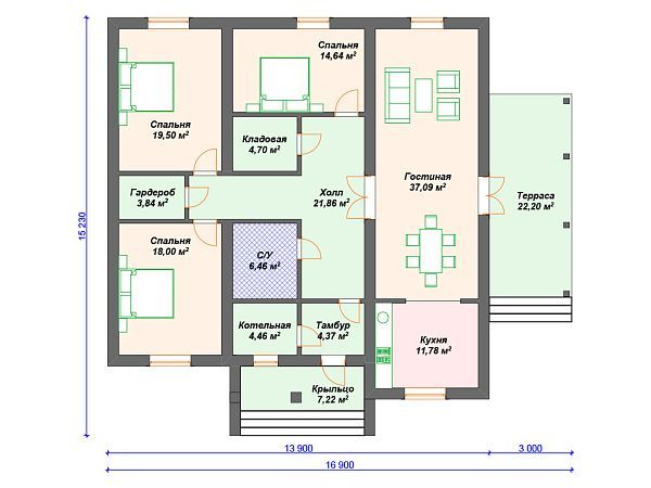 Проект одноэтажного дома  с 3 спальнями и террасой S4-176 (К-211)