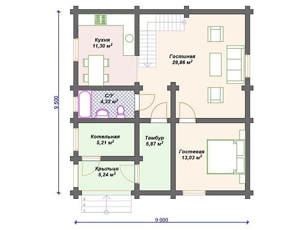 Проект деревянного дома из бревна 9 на 9 м с 3 спальнями S4-122 (ДО-142)