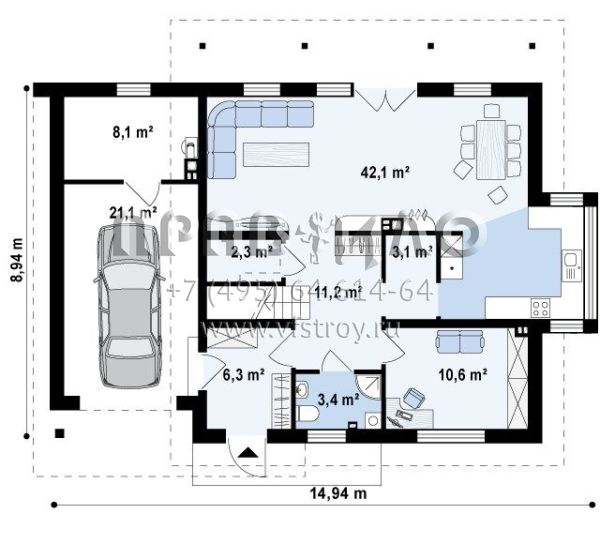 Проект строительства квадратного частного дома с пристроенным гаражом  S3-180-1 (Z231)