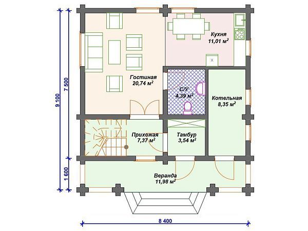 Проект деревянного дома из бревна 9 на 9 м с сауной S4-131 (ДО-126)
