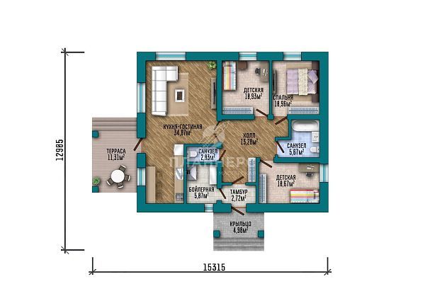 Проект с террасой и кирпичным фасадом S2-112 (492-112-1)