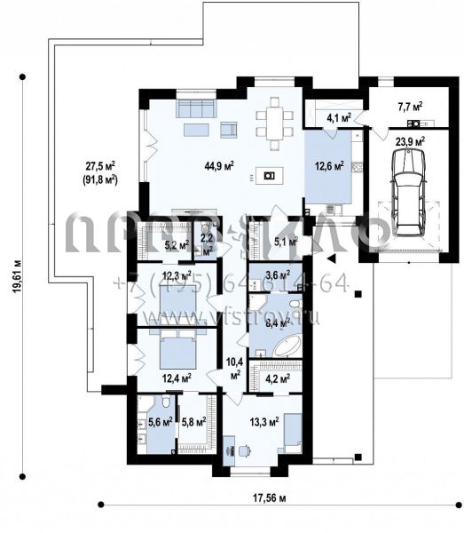 Проект современного одноэтажного дома с интересной планировкой и гаражом для одной машины S3-181 (Zx96)
