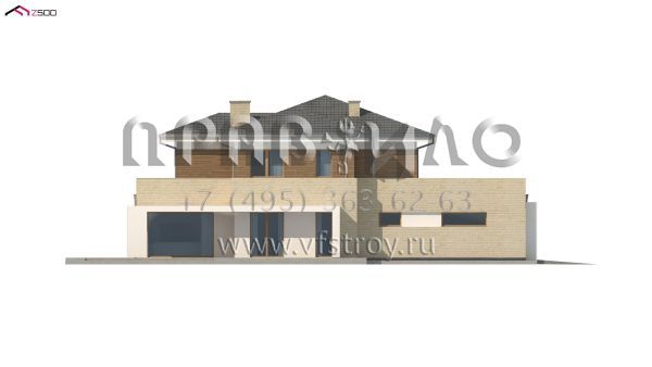 Проект современного двухэтажного дома с большой гостиной, четырьмя спальнями, двухместным гаражом и сауной S3-258-1 (ZX112)