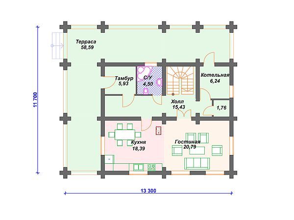 Проект деревянного дома из бревна 12 на 13 м с 3 спальнями S4-271 (ДО-013)