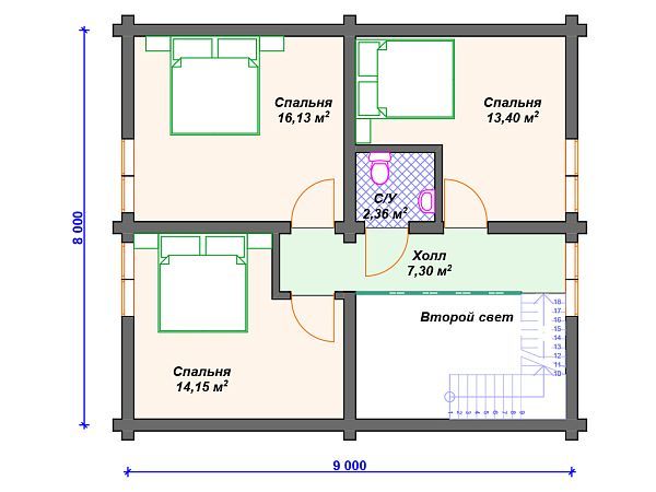 Проект деревянного дома из бревна 8 на 9 м с 3 спальнями S4-117 (ДО-039)