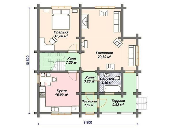 Проект деревянного дома из бревна с мансардой S4-165 (ДО-085)