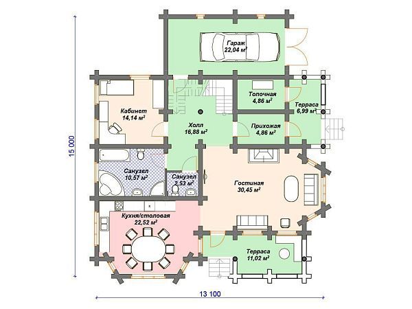 Проект деревянного дома из бревна 13 на 15 м с гаражом S4-245 (ДО-079)