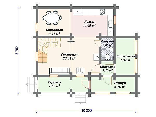 Проект деревянного дома из бревна 8 на 10 м с террасой S4-127 (ДО-095)