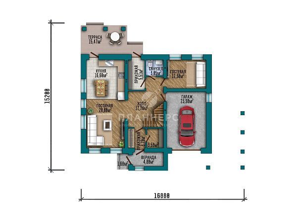 Проект загородного дома с мансардным этажом, крытой террасой, встроенным гаражом и навесом для второго автомобиля S2-214 (303-214-1МГ)
