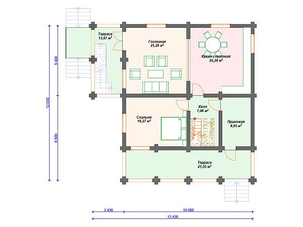 Проект деревянного дома из бревна 10 на 12 м с мансардой и террасой S4-327 (ДО-043)